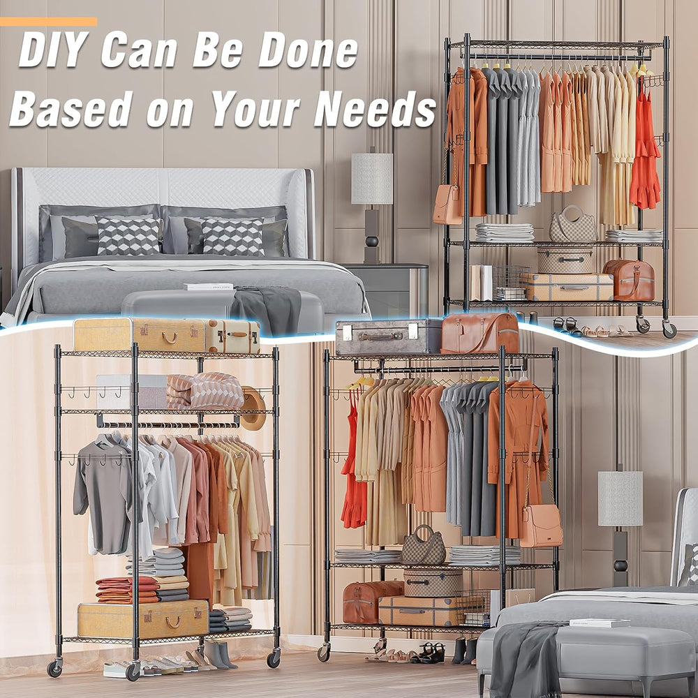 Homdox 3 Tier Heavy Duty Garment Rack with Wheels, Adjustable Wire Clothes Ra...