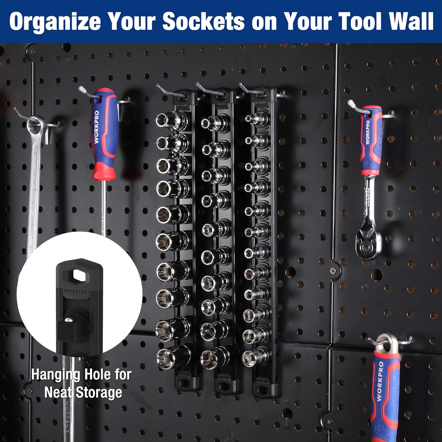 WORKPRO Magnetic Socket Organizer, 3/8-Inch Drive Aluminum Alloy Socket Rail, Heavy Duty Socket Holder, Socket Rack Kit 3/8-Inch x 10 Clips Black (Socket not Included)