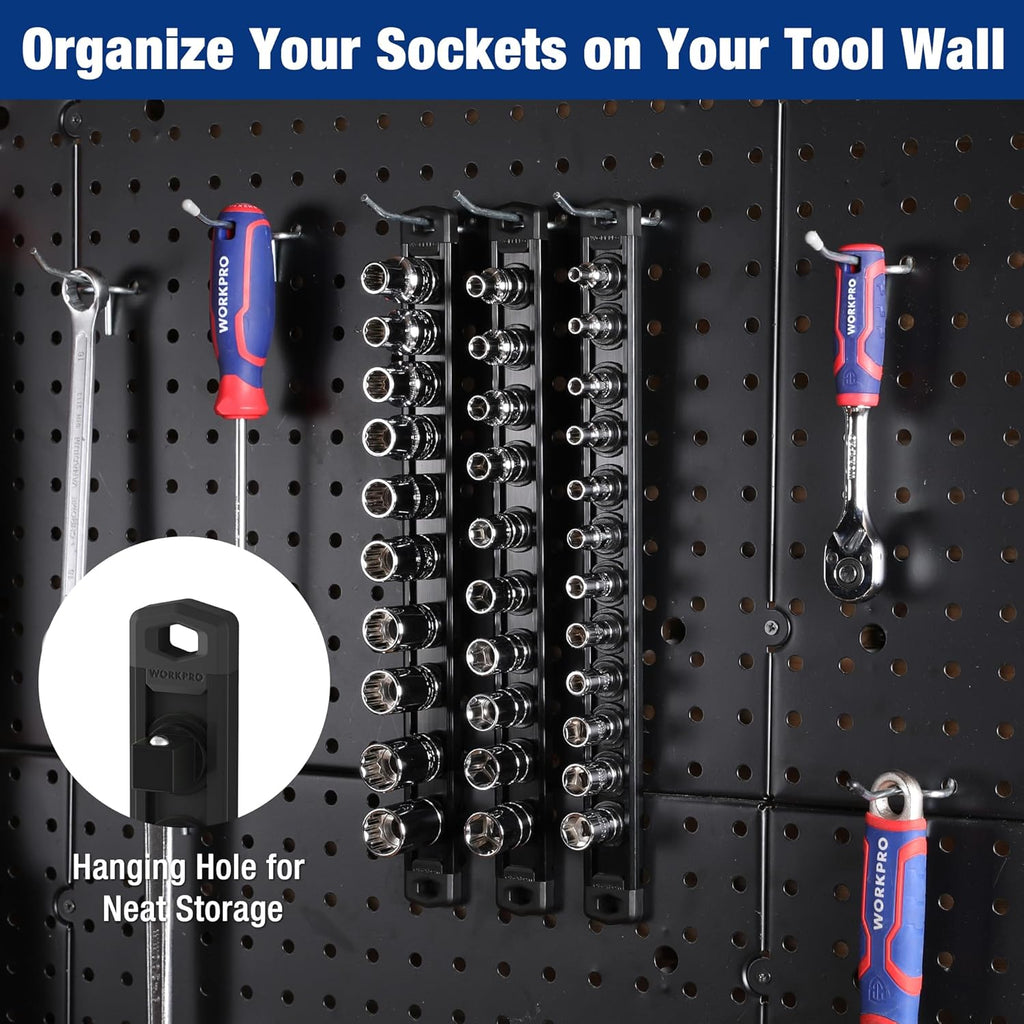 WORKPRO Magnetic Socket Organizer, 1/4-Inch Drive Aluminum Alloy Socket Rail, Heavy Duty Socket Holder, Socket Rack Kit 1/4-Inch x 12 Clips Black (Socket not Included)
