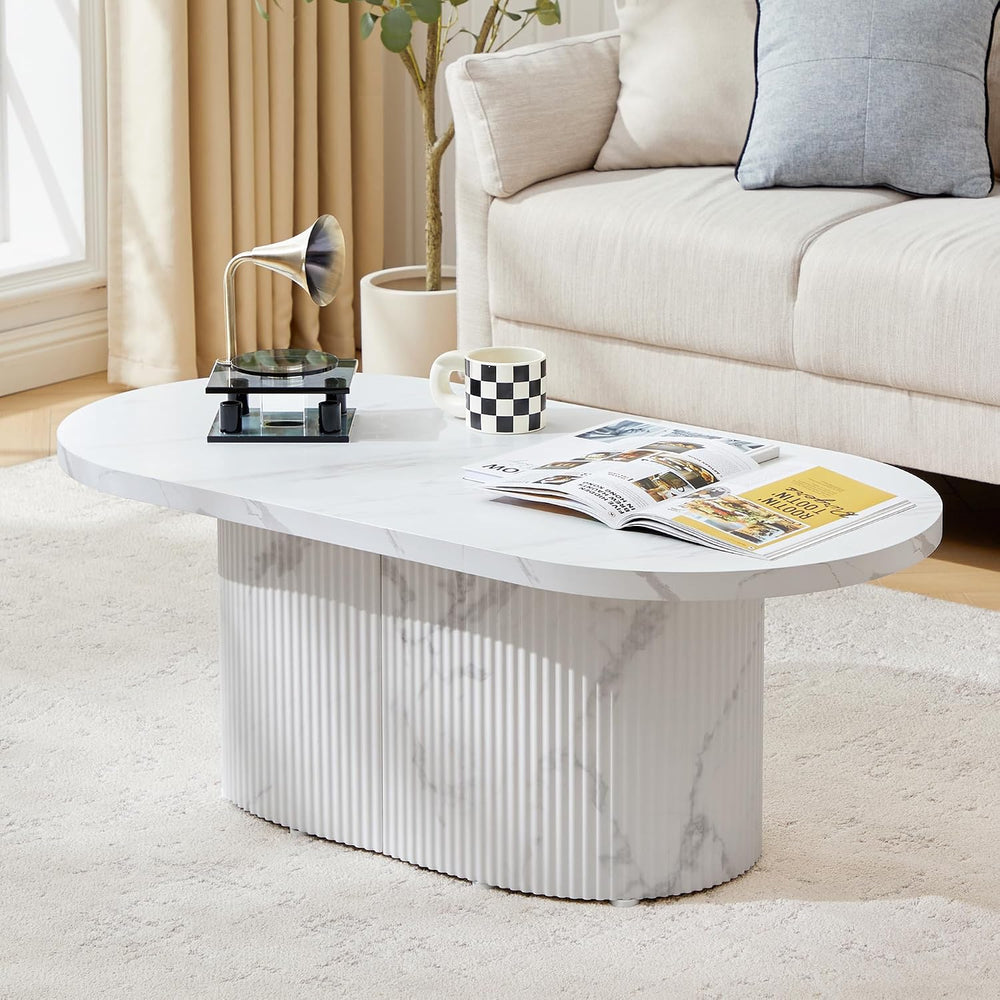 Modern 42.5" Oval Faux Marble Coffee Table, White Fluted Textured Base L...
