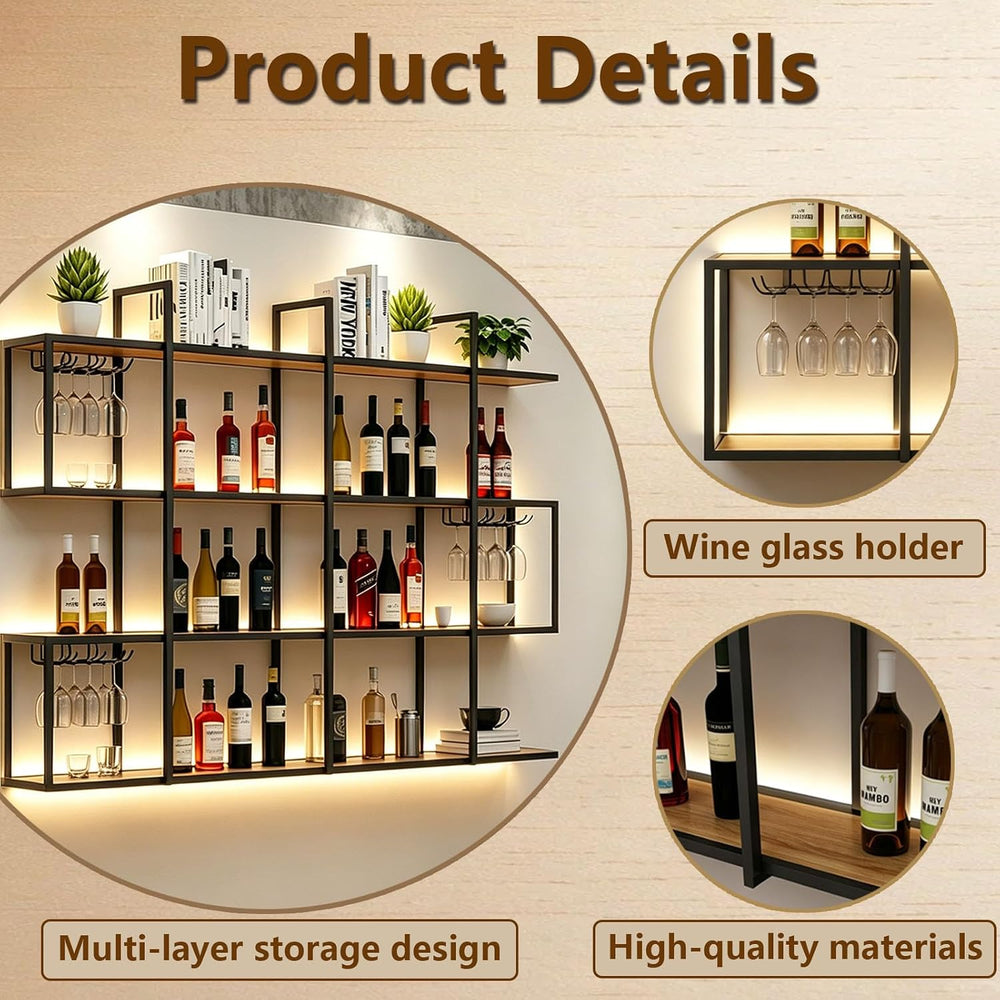4-Tier Wall Mounted Wine Rack with LED Light, Glass Holder (120cm/47.3in) | 2...