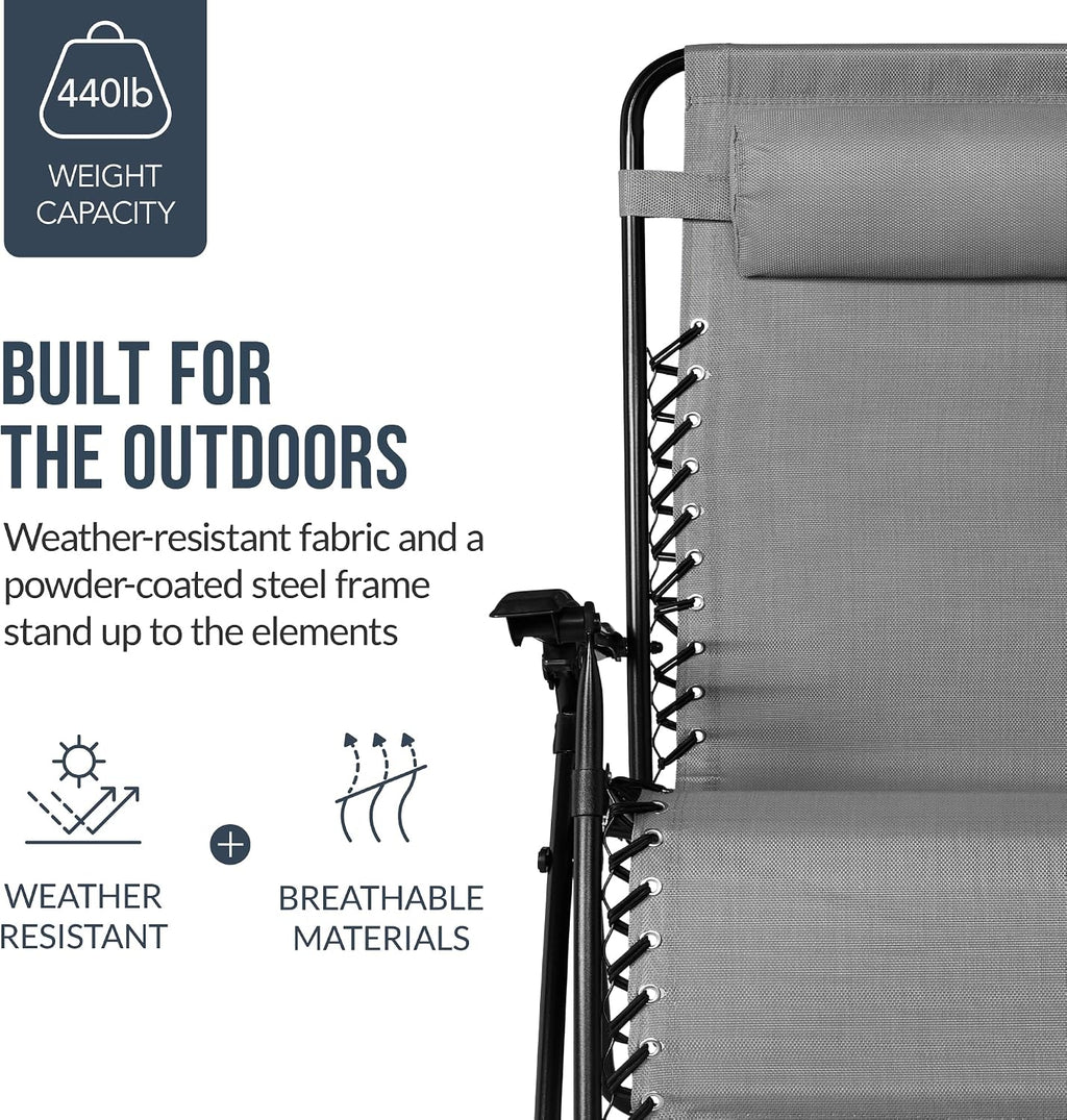 Best Choice Products Set of 2 Extra Wide Adjustable Steel Mesh Zero Gravity Lounge Chair Recliners w/Pillows and Cup Holder Trays - Ice Gray