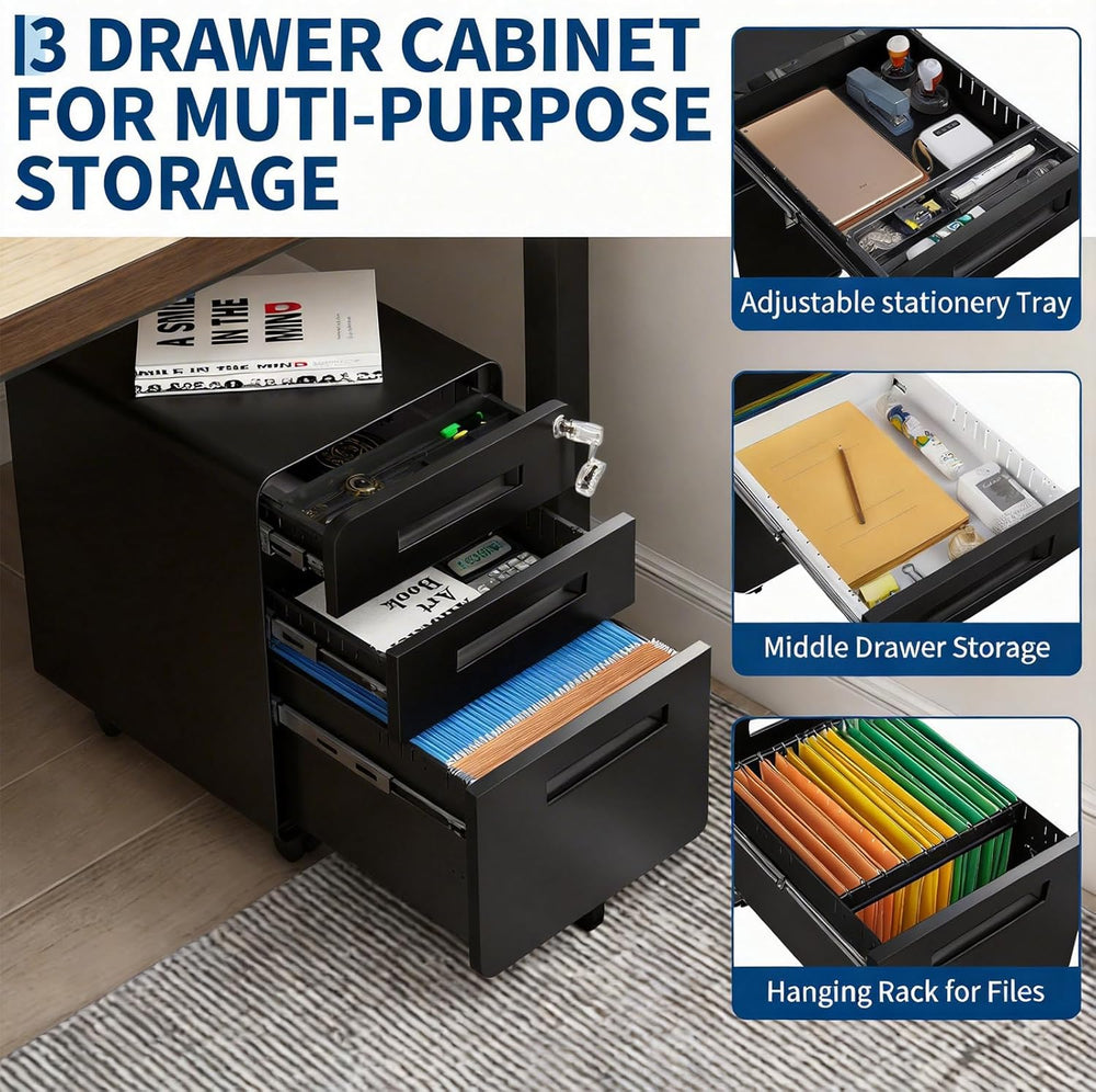 3 Drawer File Cabinet with Lock, Mobile Metal Filing Cabinet for Letter/Legal...