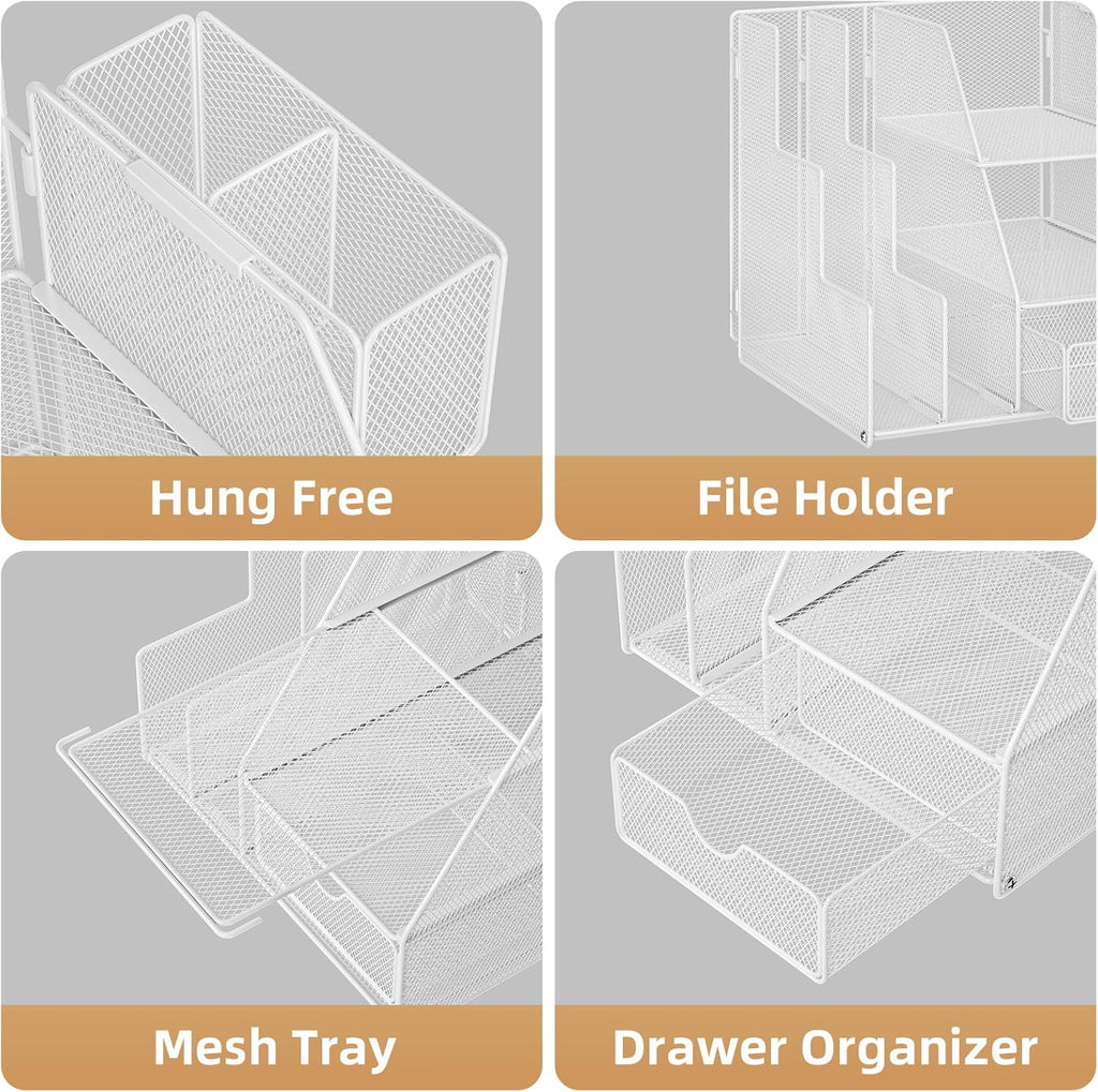 Marbrasse Desk Organizer and Accessories, 3-Tier File Organizer with Drawer and Pen Holder, Small Desktop Organizer and Storage for Workspace Office Supplies White