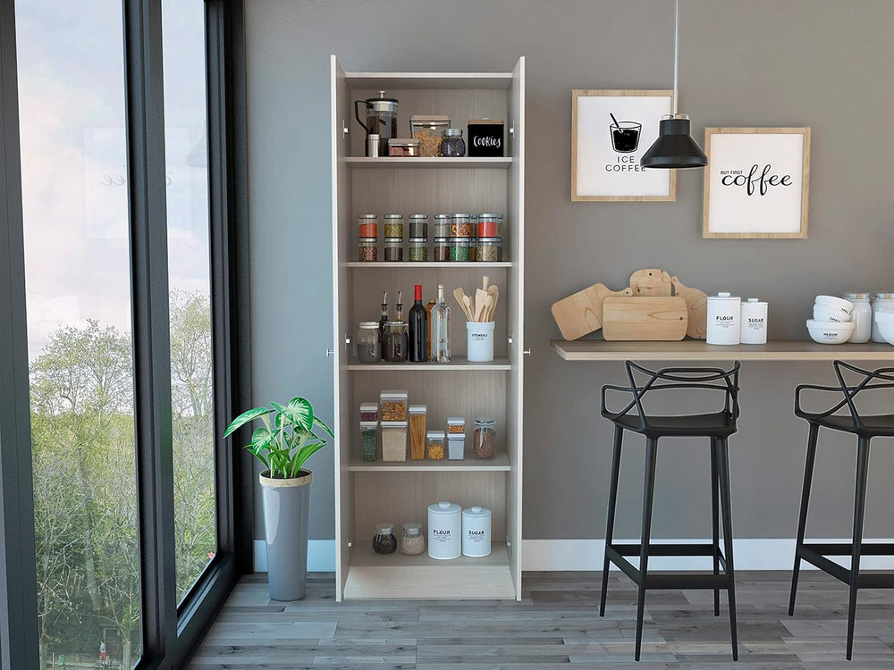 Multistorage Pantry Cabinet, 5 Shelves, Double Door & Beige Finish for Ki...