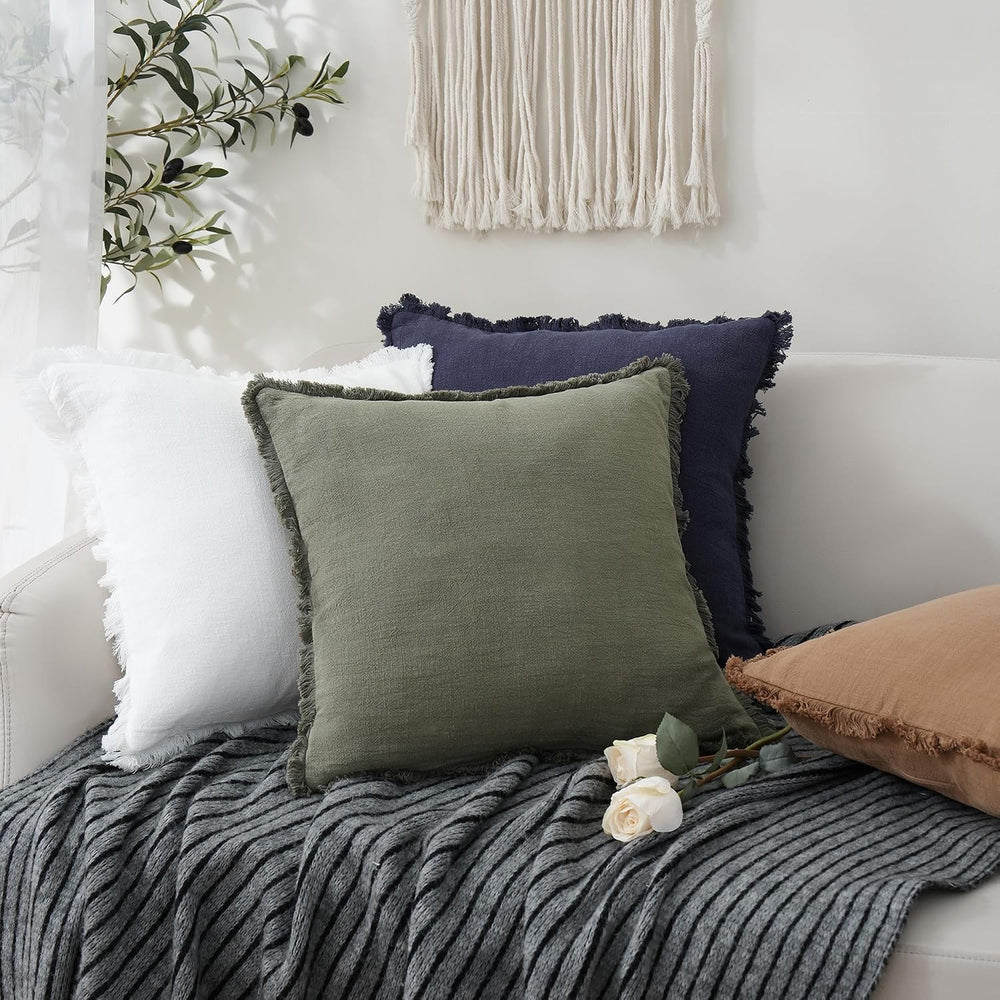 Foindtower Decorative Linen Fringe Throw Pillow Covers 22×22 Olive Green