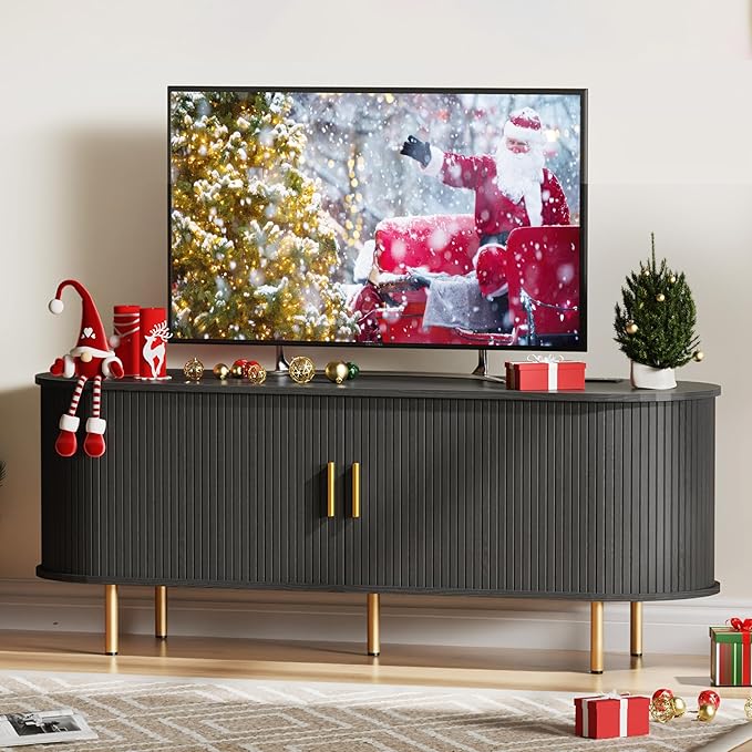 DHH 55 Inch Mid Century Modern TV Stand with Power Outlet for TVs up to 60 Inch, Entertainment Center with Storage and Adjustable Shelves, Media Console with Sliding Doors for Living Room(Black)