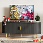 DHH 55 Inch Mid Century Modern TV Stand with Power Outlet for TVs up to 60 Inch, Entertainment Center with Storage and Adjustable Shelves, Media Console with Sliding Doors for Living Room(Black)
