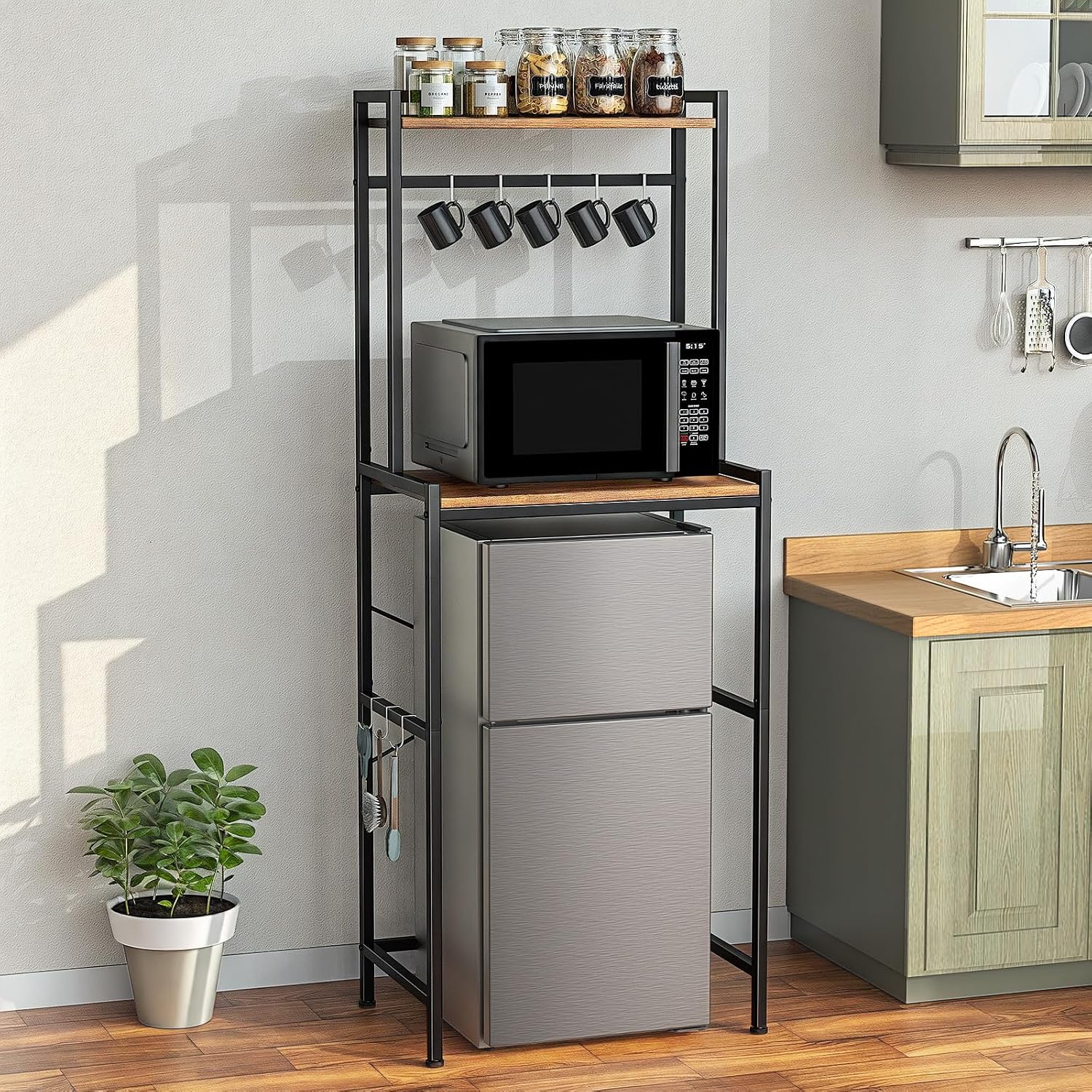 Housolution Mini Fridge Stand with Storage, 2-Tier Kitchen Microwave Stand with Storage Mini Fridge Shelf Height Adjustable Bakers Rack with 8 Hooks for Dorm, Living Room, Offices