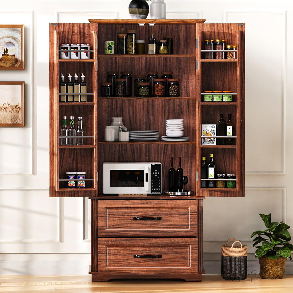 71" Farmhouse Kitchen Pantry Cabinet with 2 Large Drawers,Wood Freestand...