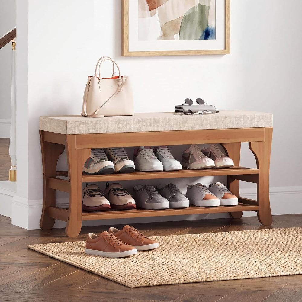 PETKABOO 27.6" Shoe Storage Bench with Cushion, Bamboo Shoe Rack Bench, ...
