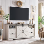 JXQTLINGMU Farmhouse Fireplace TV Stand for 80 Inch TV, 32" Tall Entertainment Center w/Drawer & Sliding Barn Door, 70 Inch Highboy Media Console for Living Room, Off White