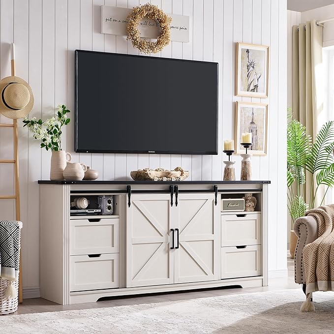 Farmhouse TV Stand for 75+ Inch TV, 32" Tall Entertainment Center w/4 Drawers & Sliding Barn Door, Rustic Media Console w/Storage Shelves, 66" Wood Television Stand for Living Room, Off White