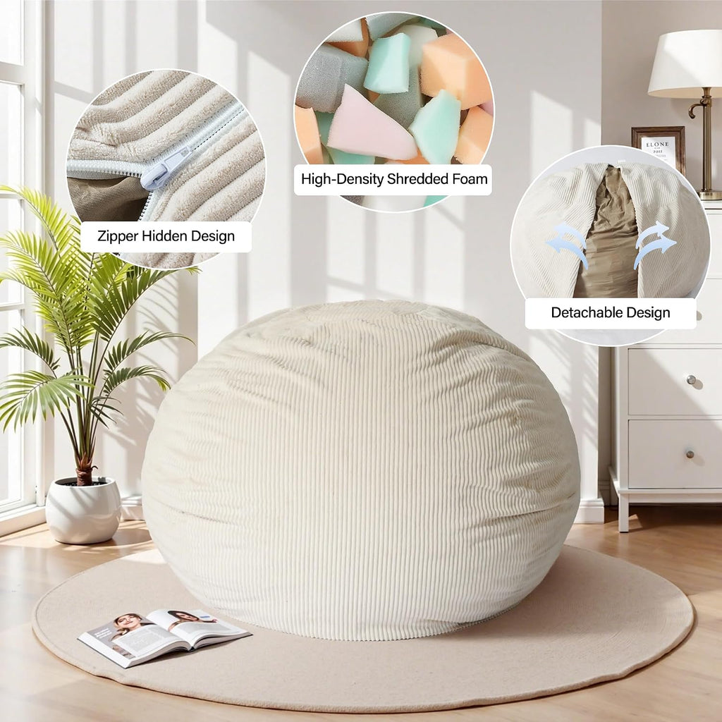 CangLong Extra Large Bean Bag Chair for Adults - 5 ft Giant Lounger, Removable Youth-Protected Cover & Locking Zipper, Round Corduroy Sofa for Living Room, Bedroom & Gaming,Beige