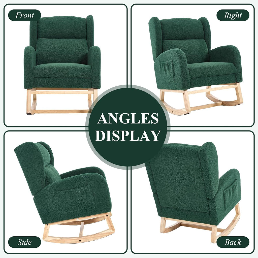 NIOIIKIT Nursery Rocking Chair with Footrest, Teddy Upholstered Glider Chair, Rocker Nursery Chair with Side Pocket, Glider Rocker, Accent Reading Chair for Living Room (Green)