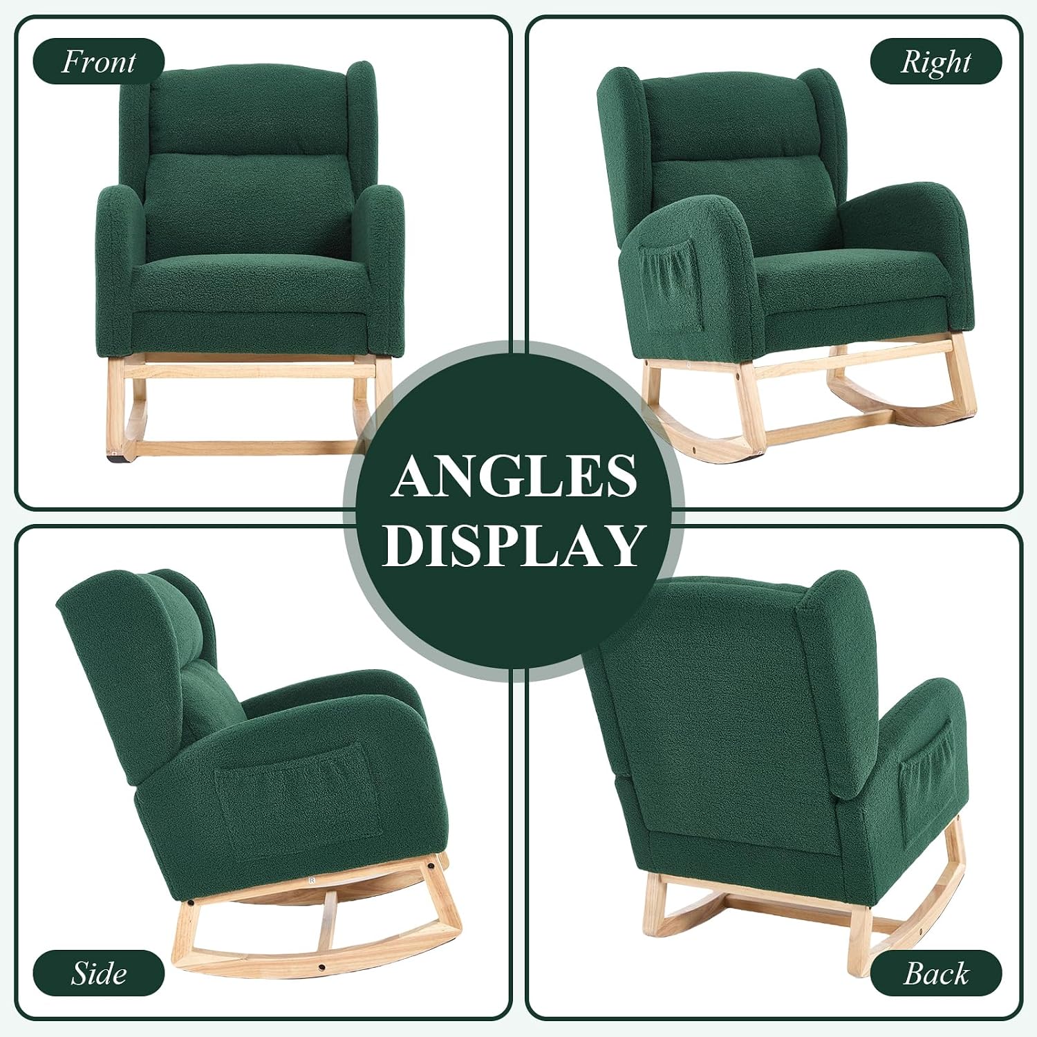 NIOIIKIT Nursery Rocking Chair with Footrest, Teddy Upholstered Glider Chair, Rocker Nursery Chair with Side Pocket, Glider Rocker, Accent Reading Chair for Living Room (Green)