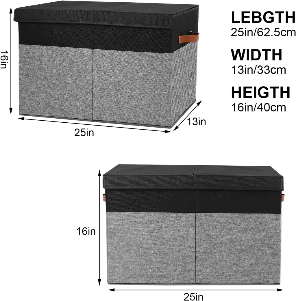 Large Toy Storage Box with Lid, Sturdy Toys Storage Chest Bin Organizer Basket with Dividers for Kids, Boys, Girls, Nursery, Closet, Bedroom, Playroom 25"x13" x16" (Black and Grey)