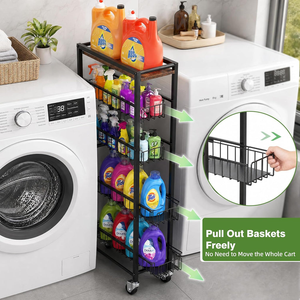 5-Tier Slim Rolling Cart Kitchen Utility Cart, Narrow Kitchen Cabinet with 4 Pull-Out Baskets - Versatile Rolling Storage Cart for Spices, Pantry & Bathroom Organization