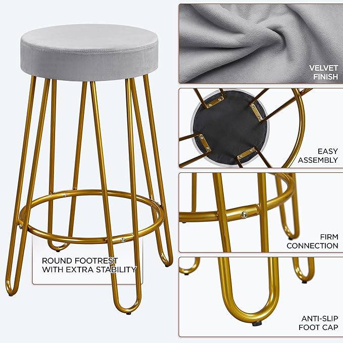 Yaheetech Bar Stools Set of 2, Velvet Round Counter Stools, Backless Counter ...