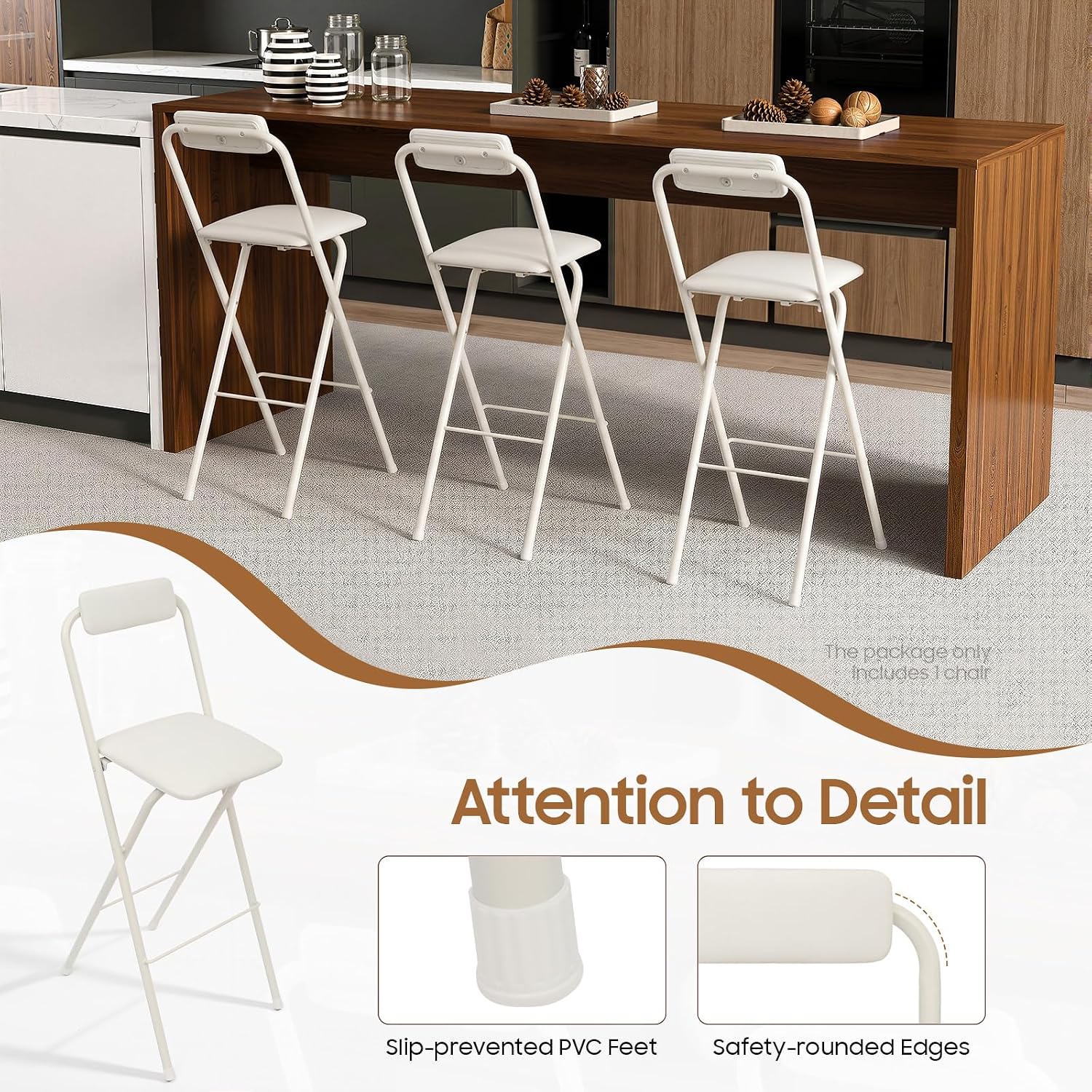 Folding Bar Stool with Backrest, 29.5 Inch Tall Foldable Stool Chair Portable High Folding Bar Chair Counter Height Seat, for Kitchen Island Shop Cafe Dining Room White