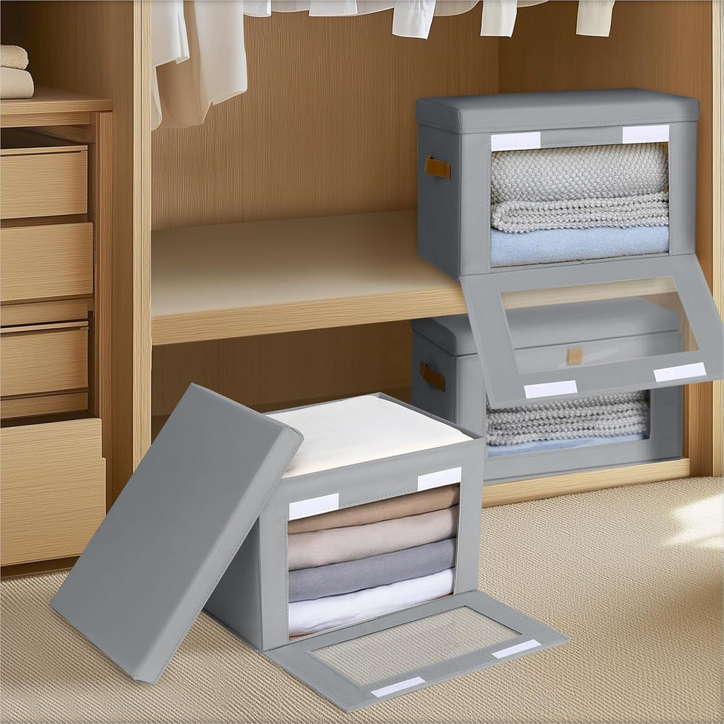 Small Fabric Storage bins - Collapsible Storage Bins with Open Window, 3 Pack Closet Baskets for Shelves, Stackable Decorative Boxes for Home, Dorm, Grey, 13.7"x 9.8" x 9.8"