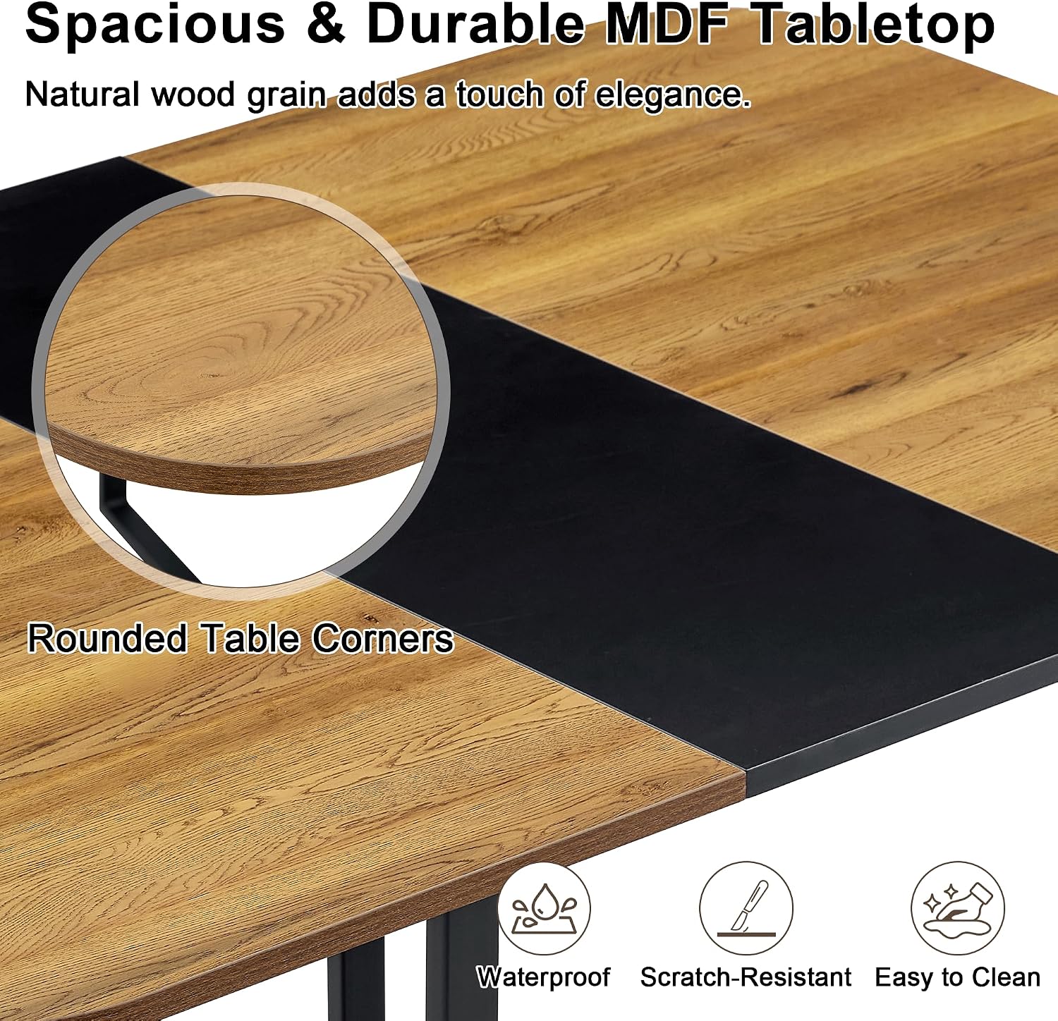 Hommoo 7-Piece Dining Table & Chairs Set for 6, 59” Rectangular Kitchen Table with 6 Chairs PU Leather Upholstered, Space-Saving Dining Room Table with Metal Frame Black Wood Table and Grey Chair