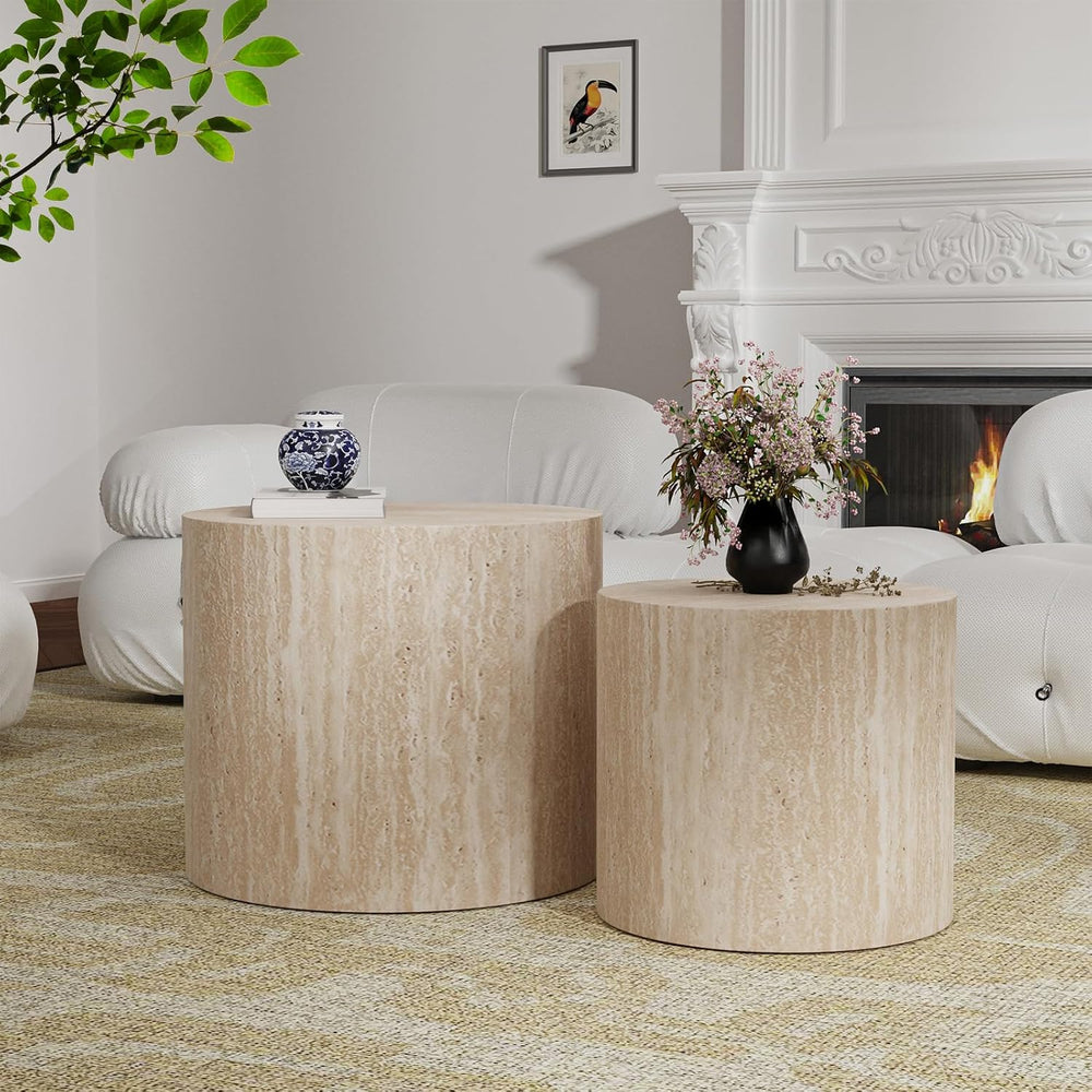 Nesting Coffee Table Set of 2 (Travertine) | Modern Round Center Ttable, Non-...