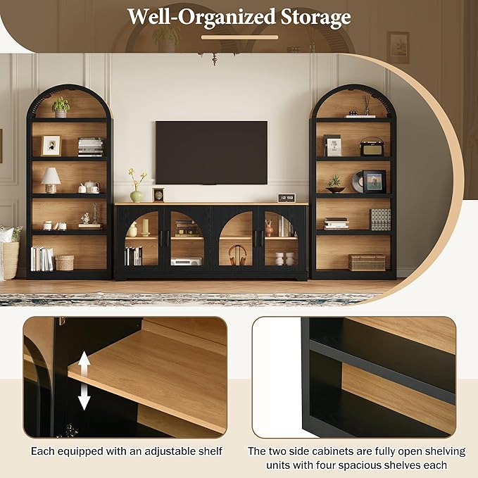3-Piece Farmhouse TV Stand Set with Bookshelf for TVs Up to 70", Two-Tone Wood Grain Entertainment Center with Arched Design, Retro Sideboard with Tempered Glass Doors for Living Room (Black+Walnut)