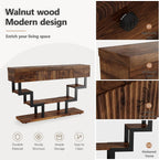 47.3" Console Table with Fluted Drawers, 3-Tier Modern Entryway Table with Geometric Black Metal Frame, Luxury Sofa Table for Living Room, Hallway, Foyer（Walnut Oak
