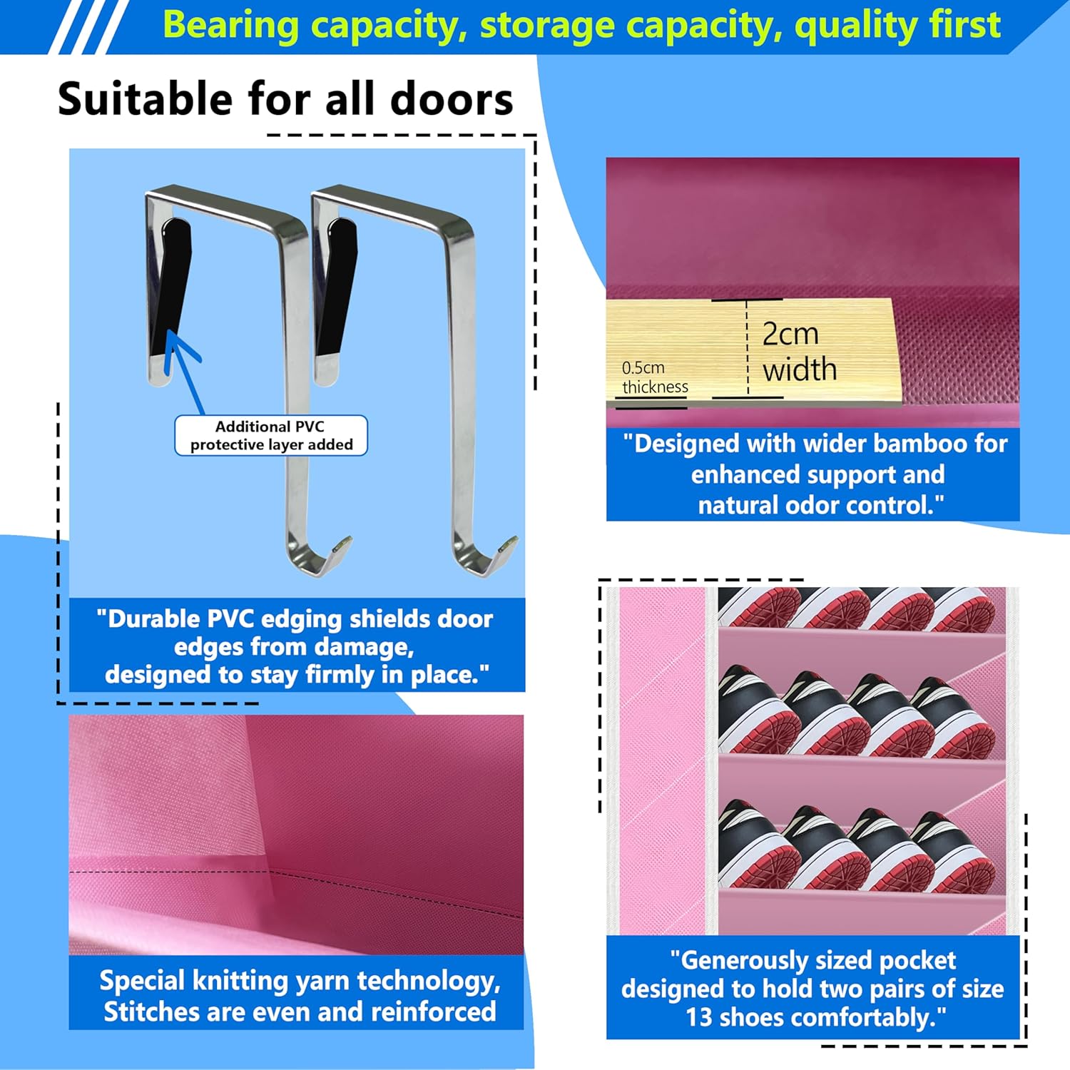 Over The Door Shoe Organizer, 70 Pounds Large Capacity, 20-30-Pair shoe organizer, Heavy Duty-Extra Deep Pockets ,Anti-Scratch Hooks & FSC-Certified Bamboo ,Engineered for Men’s Size 13 shoe,Pink