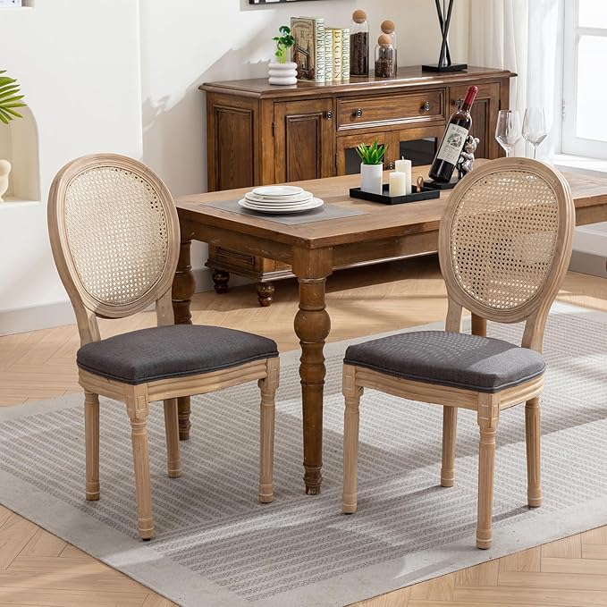 French Country Dining Chairs Set of 8, Gray Kitchen & Dining Room Chairs Set of 8, Rattan Dining Chairs, Cane Back, Wood Legs, Sillas De Comedor (Rattan, Grey, 8Pcs)