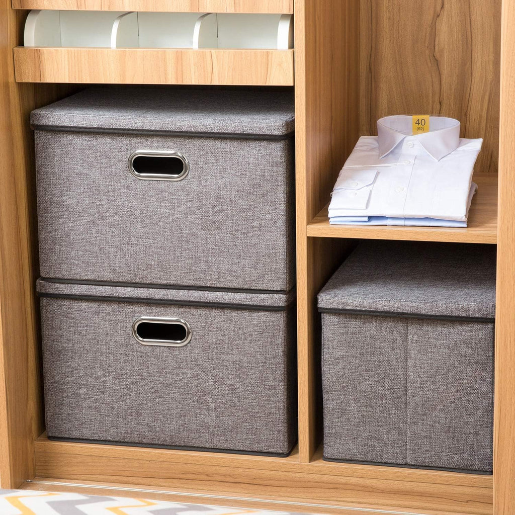 PRANDOM Large Collapsible Storage Bins with Lids [3-Pack] Linen/Cotton Blend Foldable Storage Boxes Organizer Containers Baskets Cube with Cover for Home Bedroom Closet Office Nursery(17.7x11.8x11.8)