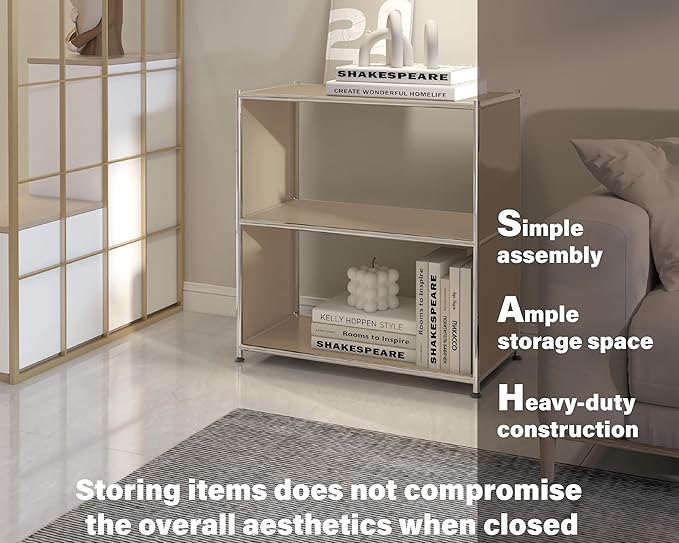 32-Inch 2-Tier Metal Bookcase, Open Shelf Storage Organizer for Living Room, Bedroom, Side Table or Nightstand Use, Modern DIY Assembly, Taupe