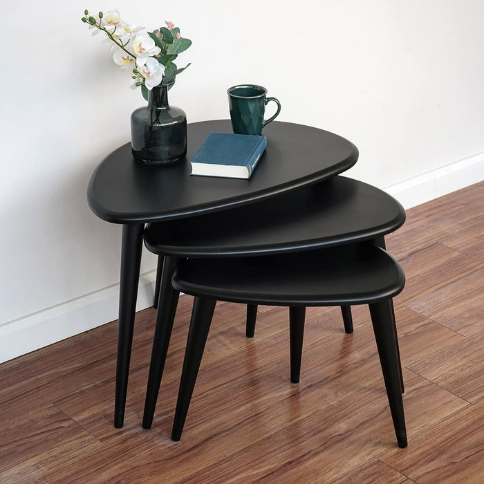 Nesting Table Set of 3 | Black Pebble Tables with Tapered Legs | Retro Solid Wood Home Furniture | Solid Hardwood | Mid Century Modern