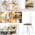 COSTWAY Stackable Metal Dining Chairs Set of 4 with Wood Seat and High Back | White, Industrial Vintage Style, Elm Wood Seat Board, 18 Inch, for Dining Room, Kitchen, Bar, Cafe, Bistro, Restaurant