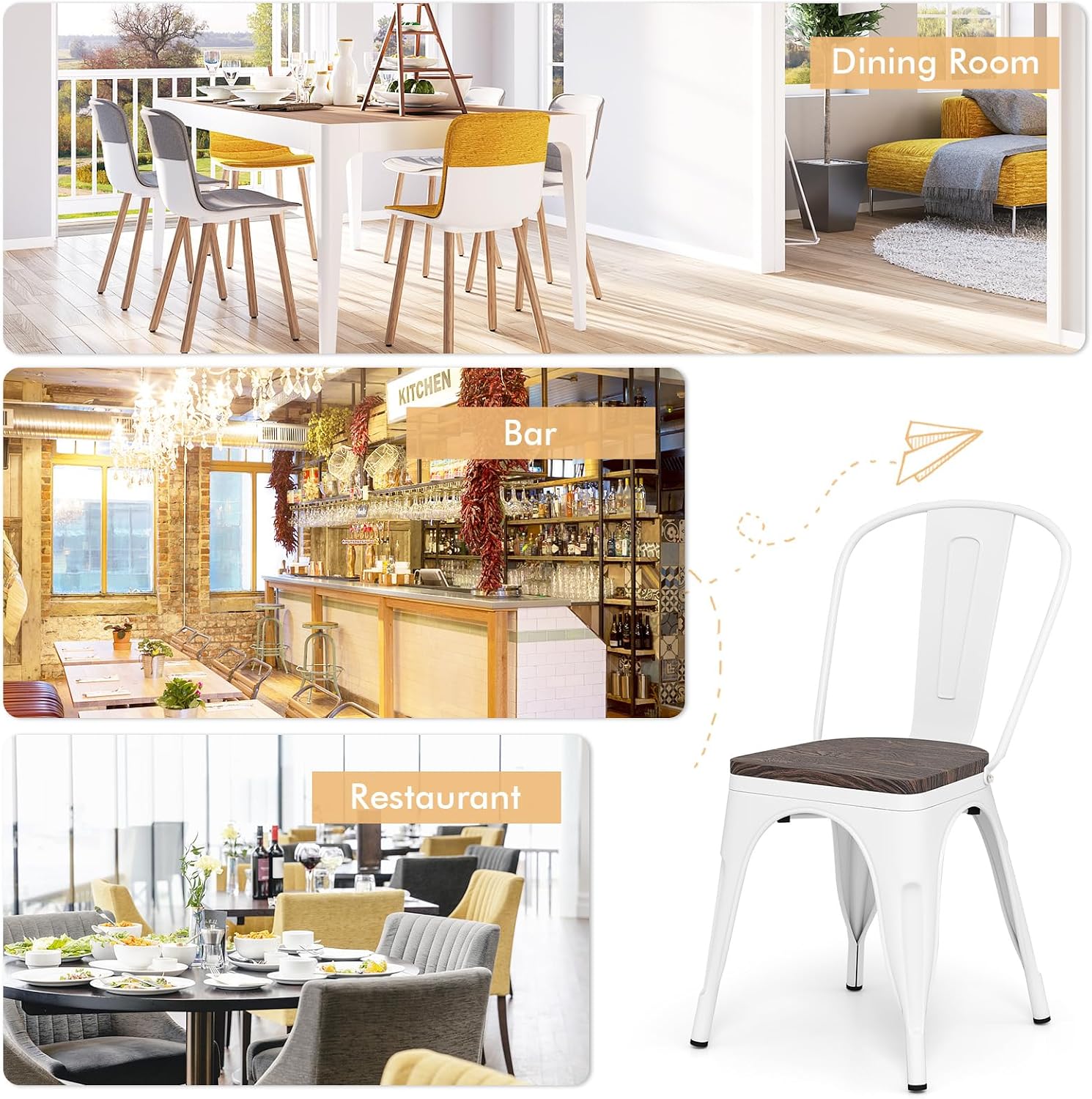 COSTWAY Stackable Metal Dining Chairs Set of 4 with Wood Seat and High Back | White, Industrial Vintage Style, Elm Wood Seat Board, 18 Inch, for Dining Room, Kitchen, Bar, Cafe, Bistro, Restaurant