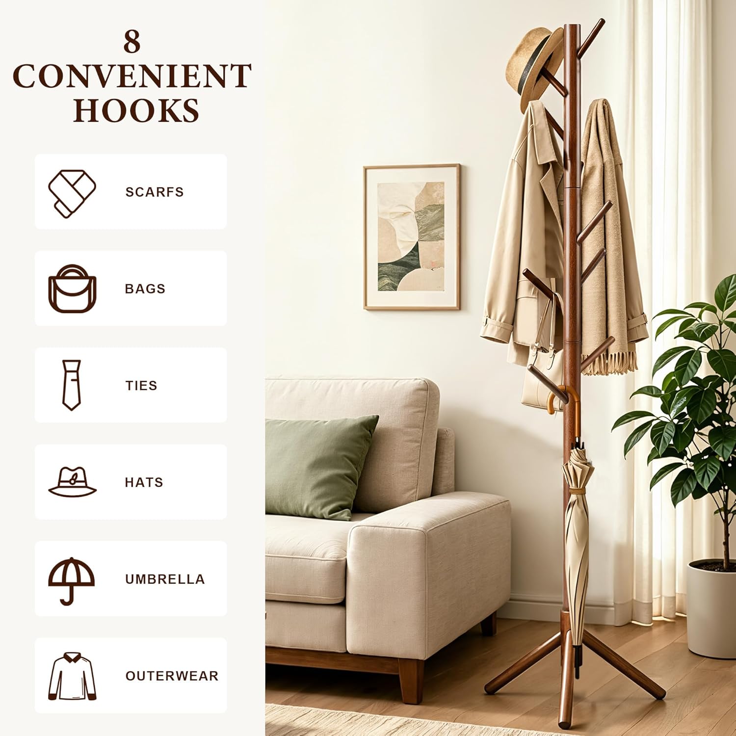 Wooden Coat Rack Freestanding with 8 Hooks & 3 Adjustable Sizes for Clothes, Space-Saving Design for Bedroom Office Entrance Holds Hats Coats Scarves Bags