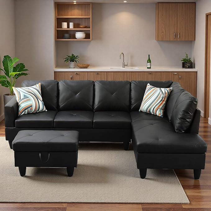 Sectional Couches for Living Room with Movable Chaise & Storage Ottoman - 97.5" Leather L Shaped Couches for Living Room Apartment, 4 Seat Home Furniture Modular Sectional Sofas, Black