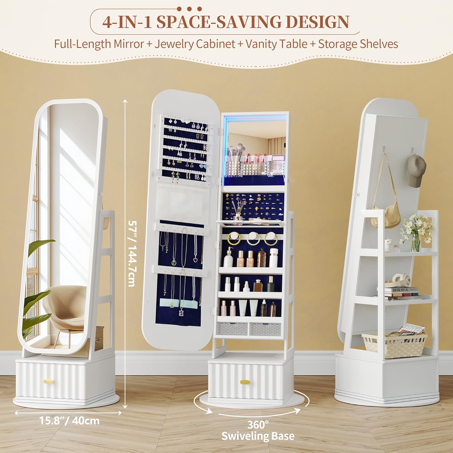 61" Full Length Mirror Jewelry Cabinet with Storage – Rotating, Lockable Jewelry Armoire with Velvet Lining, Standing Organizer for Women – Ideal Gift for Jewelry Storage & Display, White