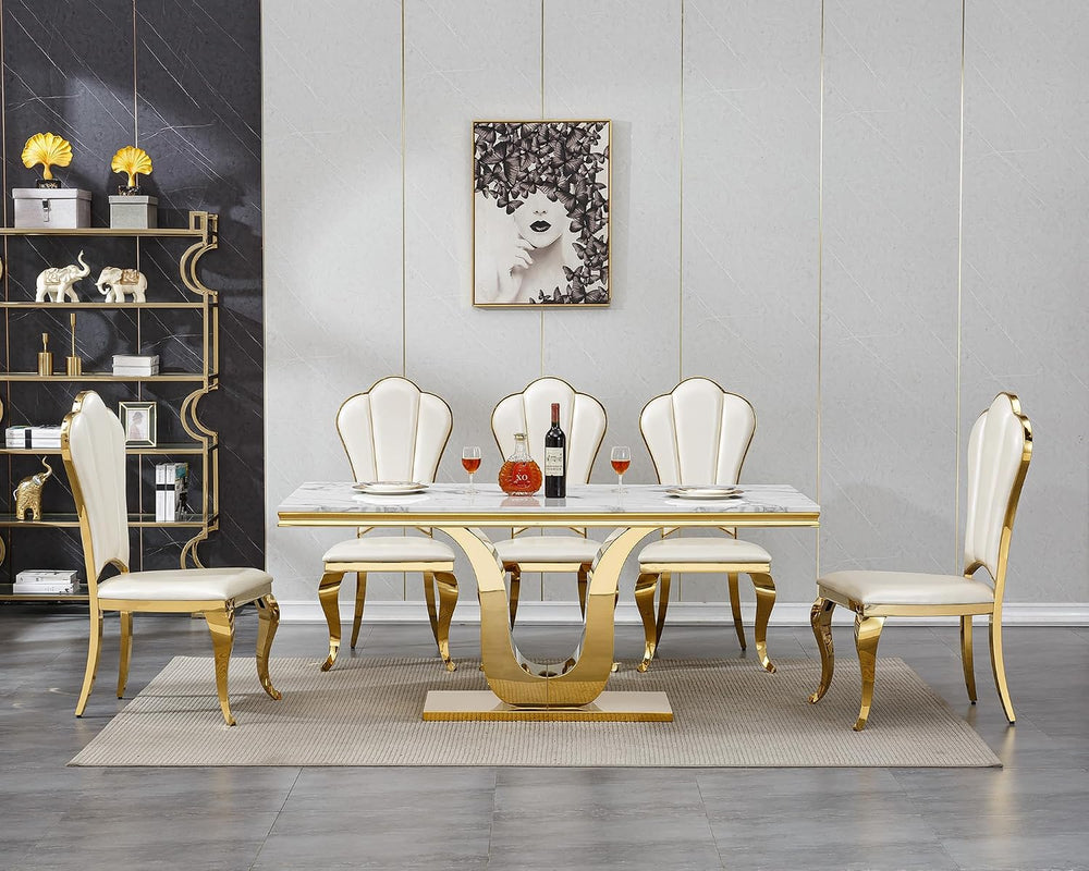White Marble Dining Table for 6 Modern Luxury Faux Marble Kitchen Table for 6...