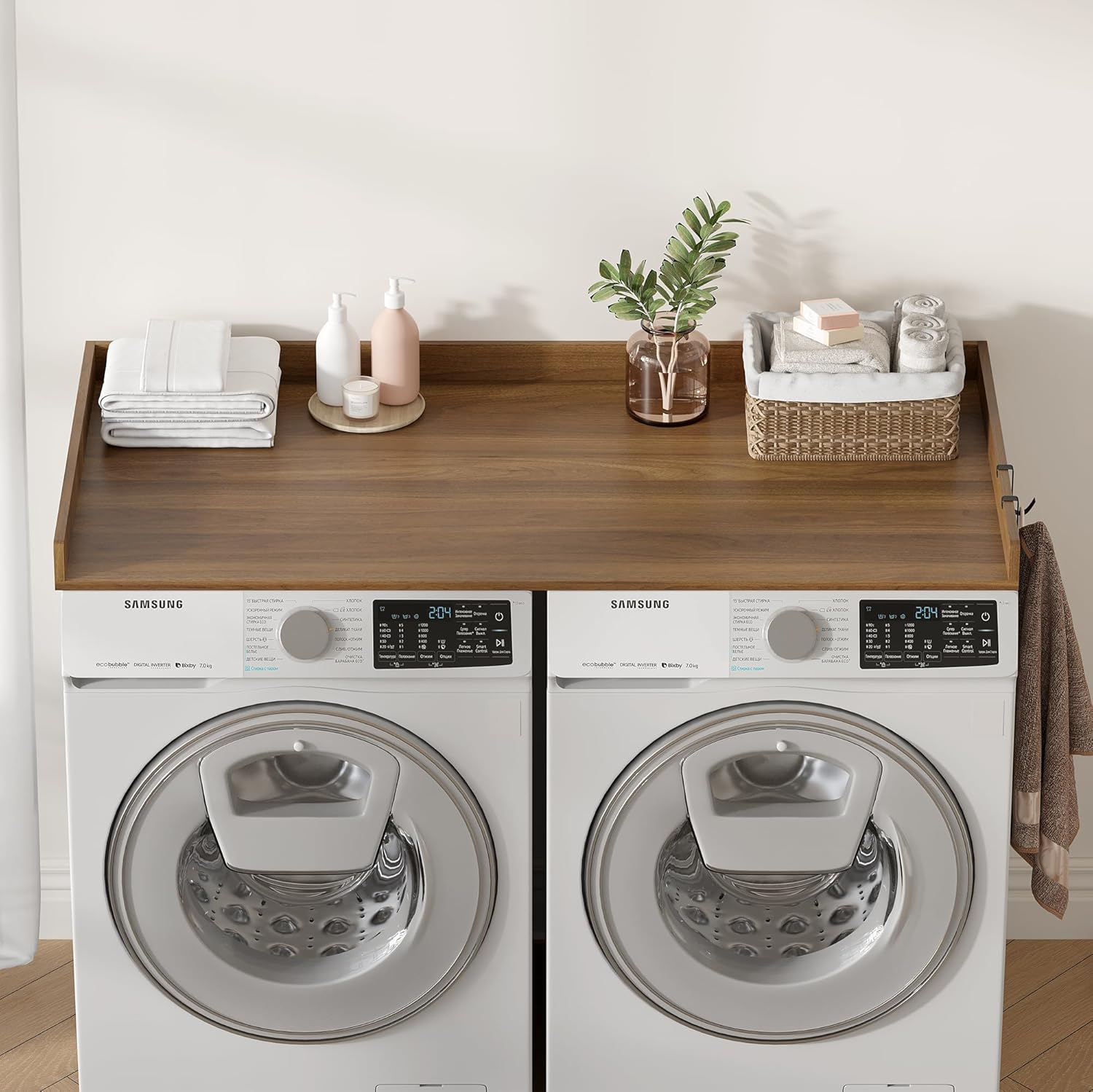 Washer Dryer Countertop, Wood Countertop with Edge Rails for Laundry Room Organization and Storage, Washer Dryer Topper for Laundry Room, 27.5" x 54" (Walnut Wood)