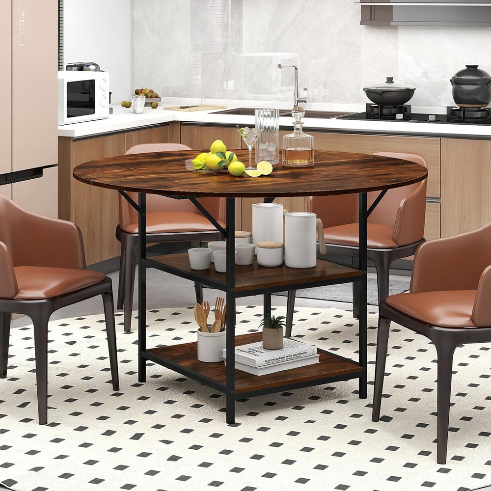 GOFLAME Round Dining Table for 4-6 People, 47” Kitchen Table with 2-Tier Stor...