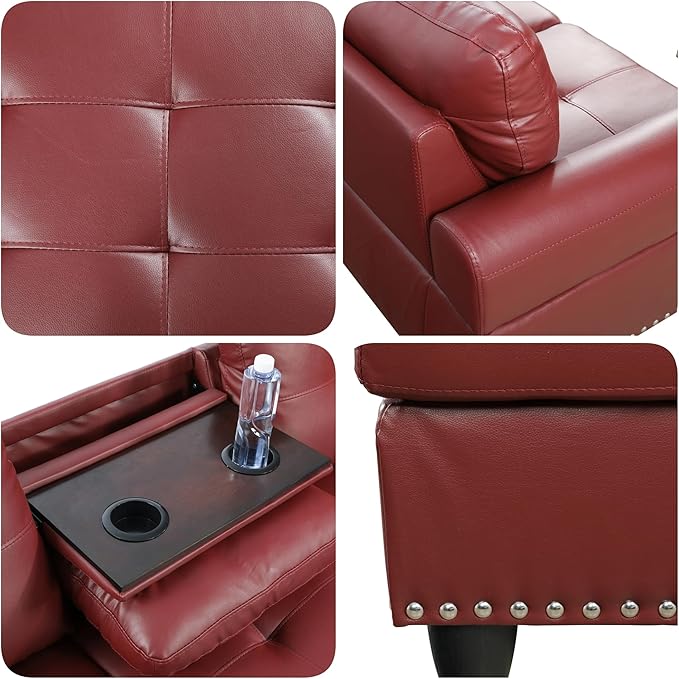 Sectional Couches for Living Room with Movable Chaise & Storage Ottoman - 97.5" Leather L Shaped Couches for Living Room Apartment, Home Modular Sectional Sofas with Cup Holder, Red