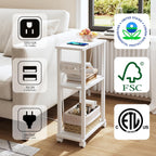 TUTOTAK Small Narrow Side Table with Charging Station, Skinny End Table for Small Spaces, Slim Nightstand with USB Ports and Outlet, Sofa Beside Table with Wheels, White TB01BW046
