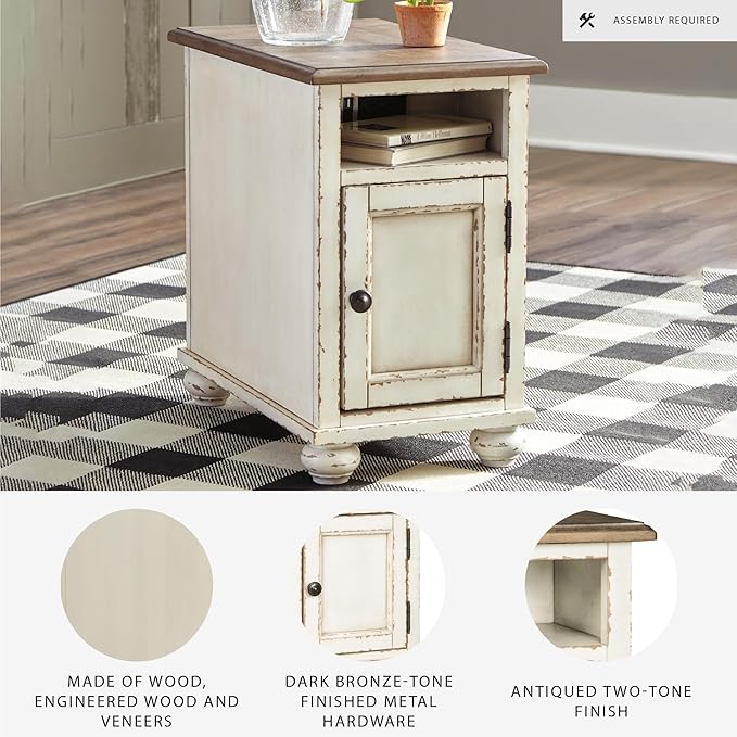 Signature Design by Ashley Realyn French Country Chair Side End Table with Outlets & USB Ports, Cream