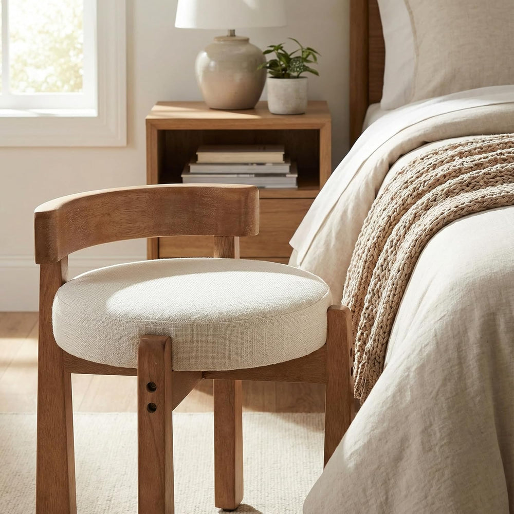 HNY Modern Linen Ottoman- Low-Back Makeup Seat & Lounge Footrest with Sol...