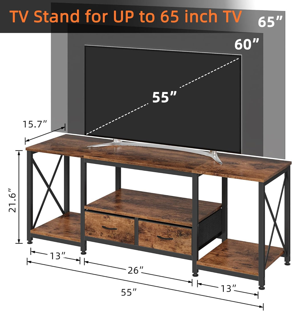 GYIIYUO TV Stand with Fabric Drawer - Entertainment Center and Industrial TV Console Table with Open Storage Shelves for Living Room, Bedroom - 55.1" Rustic Brown