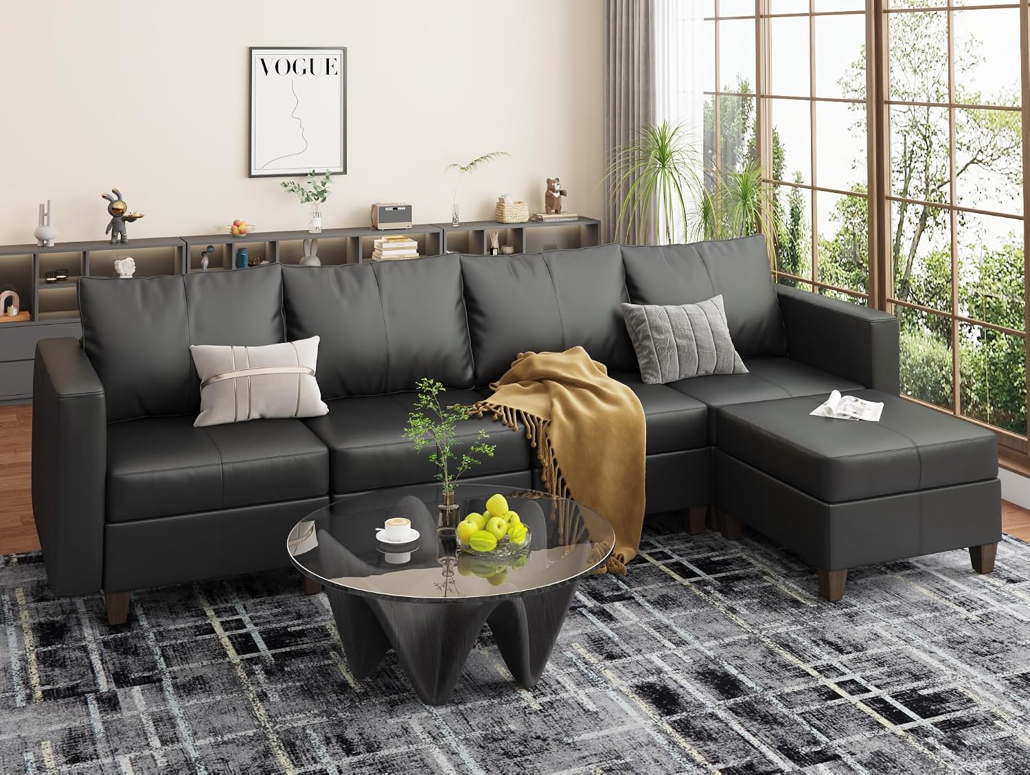 EASE MOOSE Faux Leather Sectional Couch with Storage,Black U Shaped Faux Leather Modualr Sofa Couch，with Storage