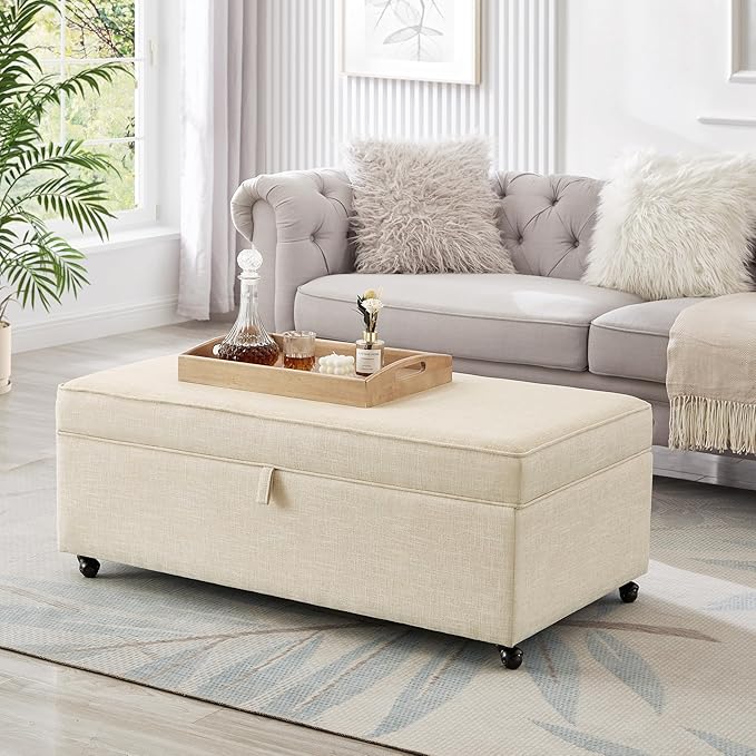 45" Modern Sofa Ottoman with Storage,Modular Sectional Storage Ottoman w/Wheels Linen Upholstered Bench with Rotation Casters and Safety Hinge for Living Room,Oatmeal