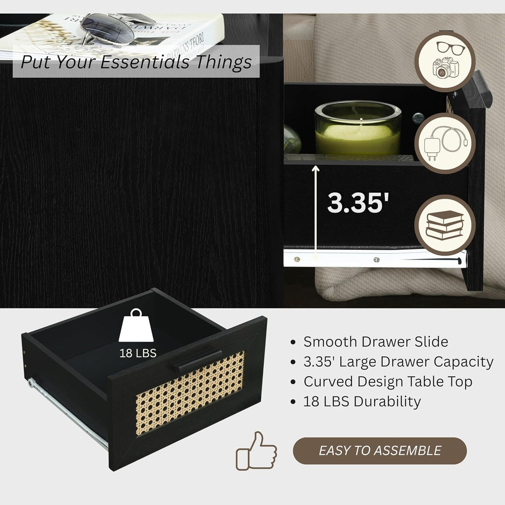 ELISA HOME Rattan-Inspired 2 Drawer Nightstand with Charging Station, Bedside...